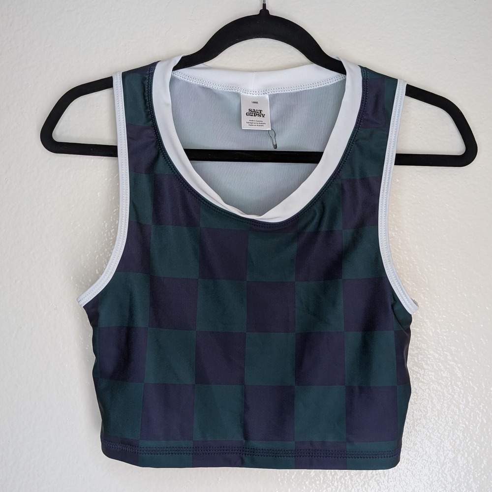 NWOT Salt Gypsy Checkered Crop Swim Surf Top Green Navy Blue Size Large